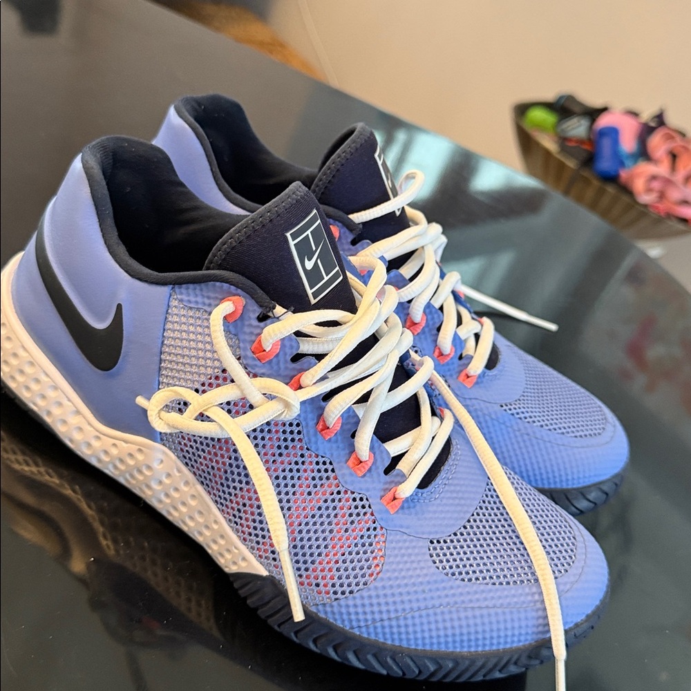 Nike Women's Blue and Black Sneakers with Coral Eyelet Details - Picture 6 of 7